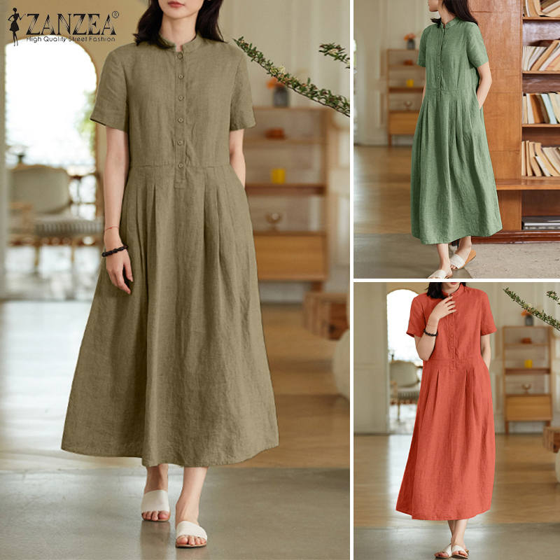 ZANZEA%20Korean%20Style%20Women's%20Dresses%20Vintage%20Casual%20Round%20Neck%20Short%20Sleeve%20Solid%20Color%20Midi%20Dress%20-%20Image%205