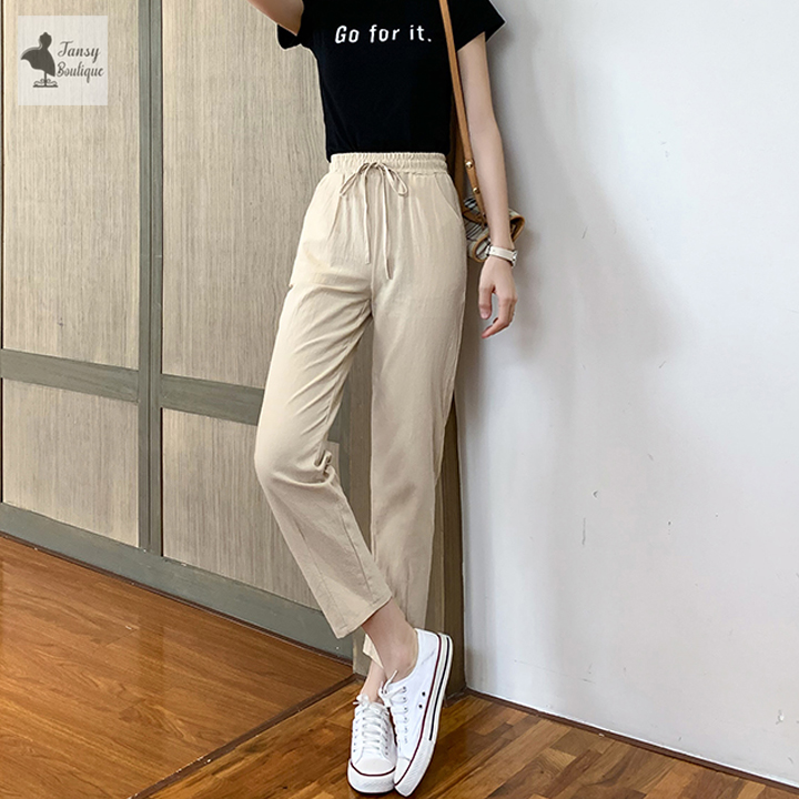 Quần baggy nữ vải đũi xước Hàn mặc cực mát
