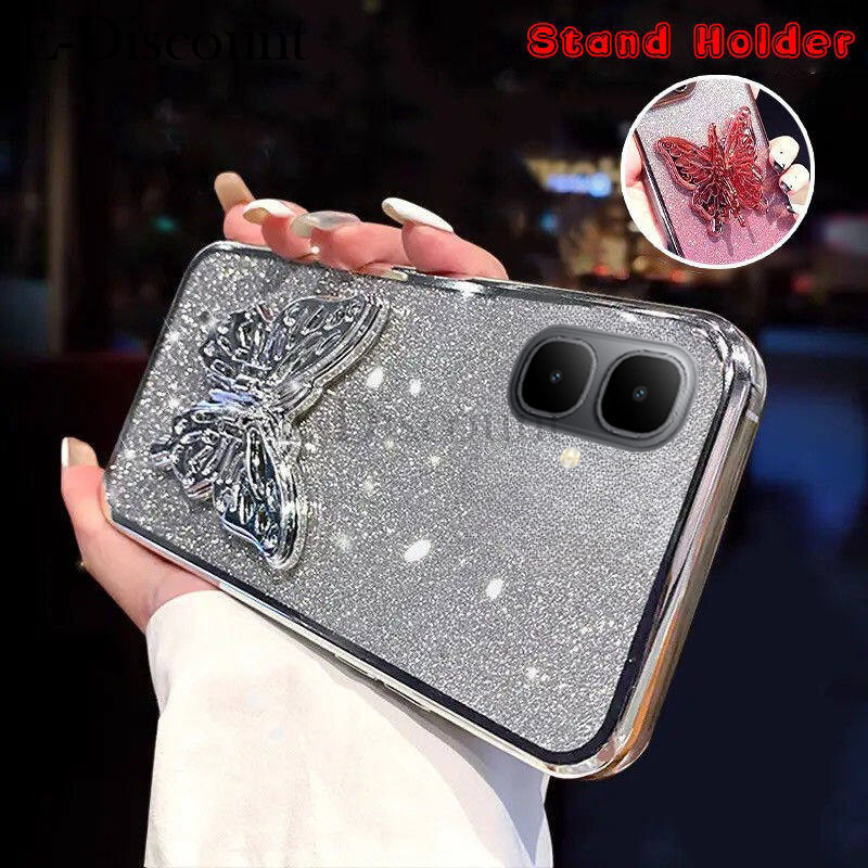 New Phone case infinix Smart10 Plus Back cover with Cute Butterfly Stand Luxury Slim Gradient Clear Plating Glitter Girls For infinix Smart 10+ case