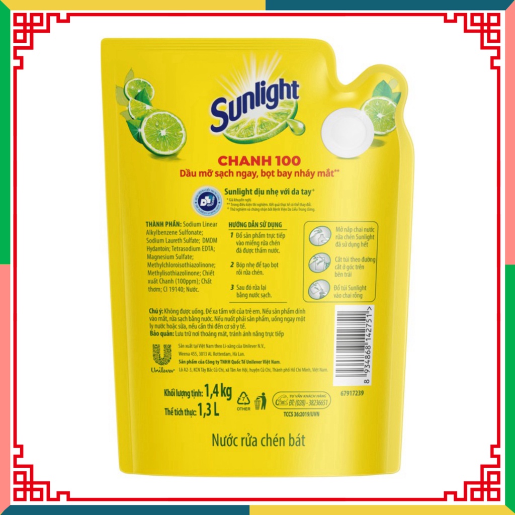 (HOT LIKE) Nước rửa chén/bát Sunlight Chanh túi 1.4kg