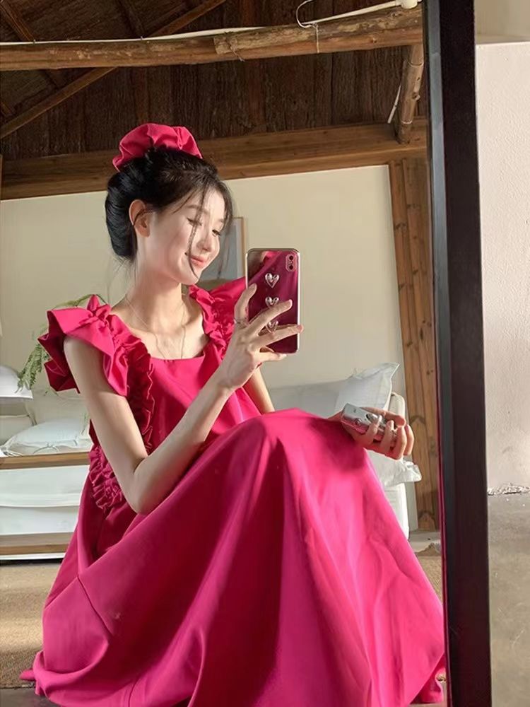 WhiteTime Vintage French Square Collar Wooden Ear Edge Small Flying Sleeve Dress Summer Loose Thin Advanced Texture Rose Red Long Skirt Holiday Dress301T4033