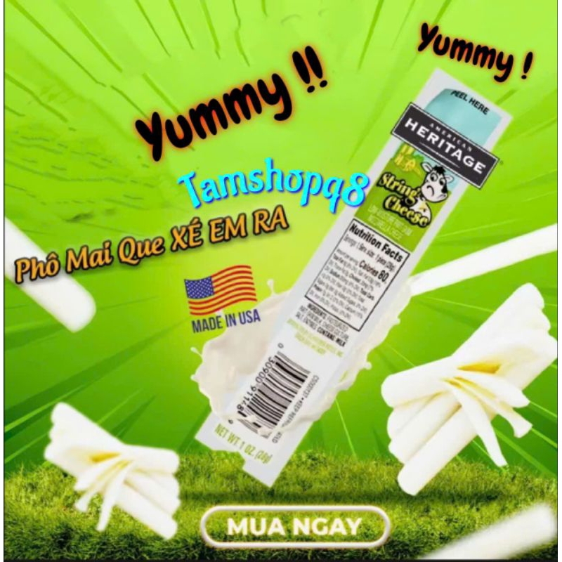𝗖𝝤𝝡𝗕𝗢 𝟭𝟬 𝗧𝗛𝗔𝗡𝗛 PHÔ MAI QUE KÉO SỢI AMERICAN HERITAGE STRING MOZZARELLA (𝗧𝗛𝗔𝝢𝗛 𝟮𝟴𝗚)