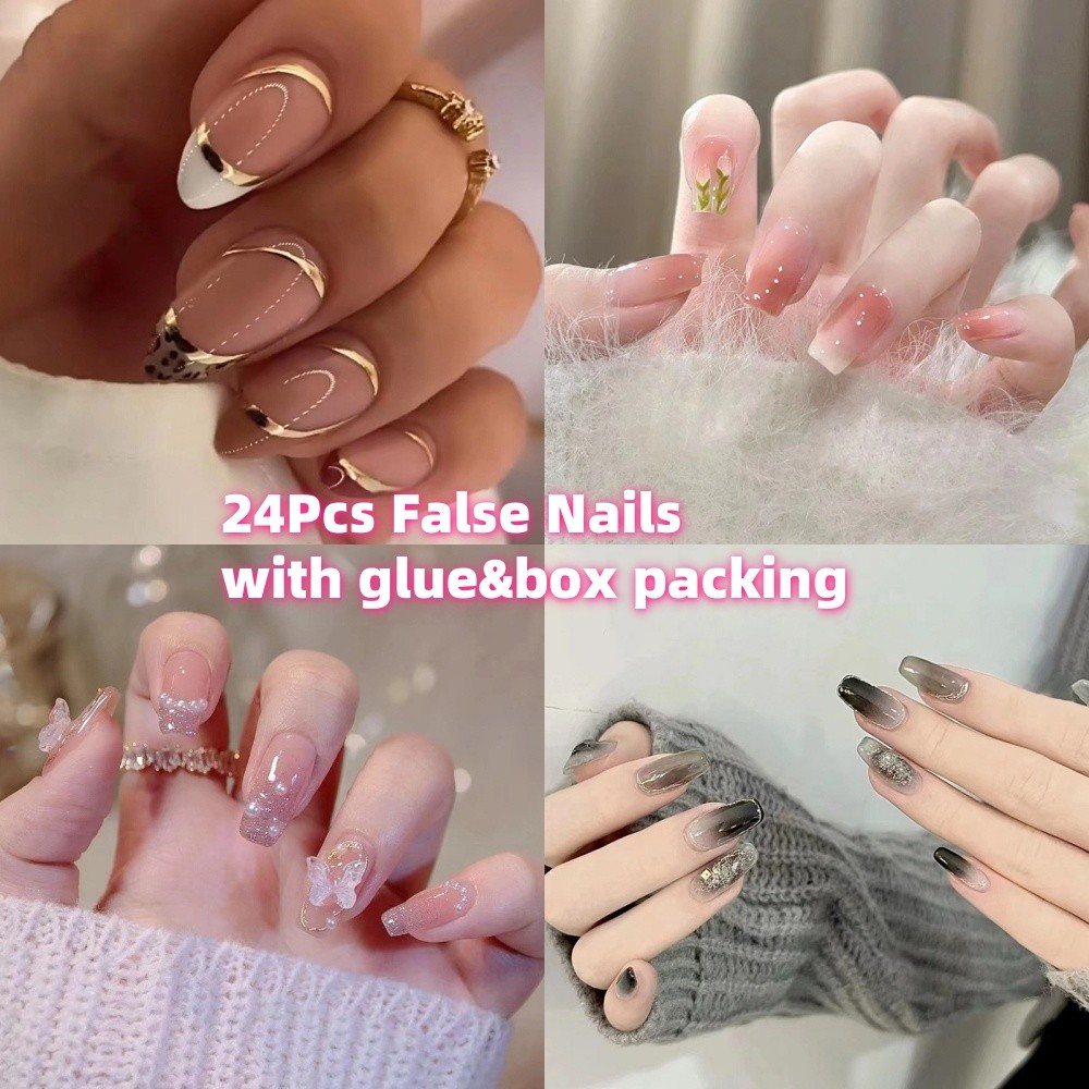 BTS%20%E3%80%90WITH%20GLUE%E3%80%9124Pcs%20Fake%20Nails%20Pattern%20Flower%20French%20False%20Nails%20Wearable%20Press%20on%20Nails%20Artificial%20Nails%20Box%20Packing%20-%20Image%202