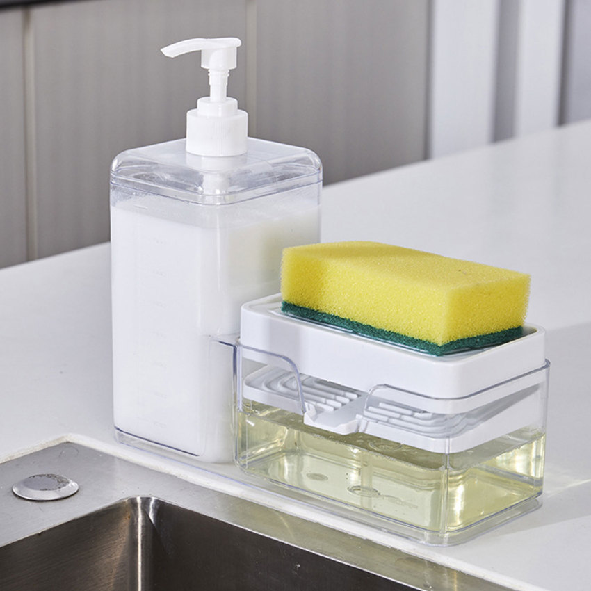 Dish Soap Dispenser Organizer Draining Tray Sponge Holder Organizer for Kitchen Sink Large Capacity Soap Pump Dispenser