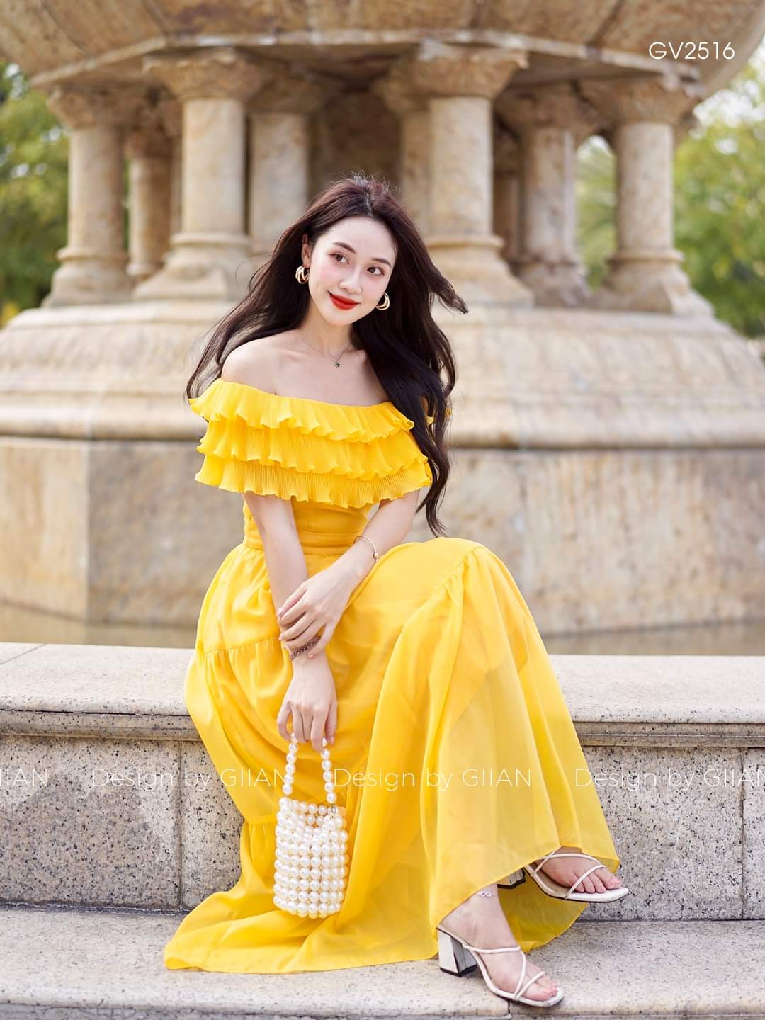 Đầm maxi vàng vải voan cao cấp sang chảnh đẹp ld2233