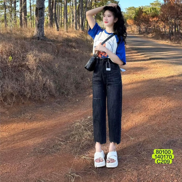 Quần Baggy Jeans Nữ Xám khói Rách Gấu 1line