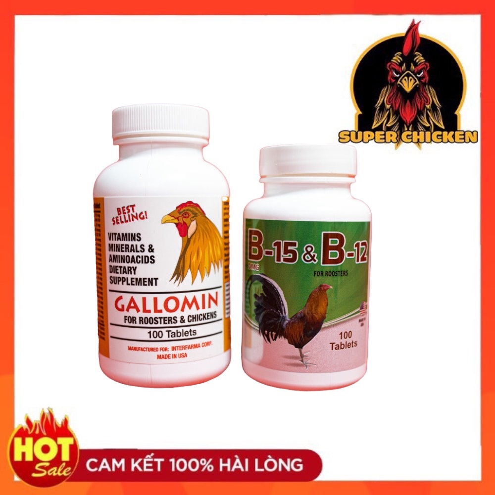 Thuốc gà đá combo 100 viên gallomin và b15 b12 dinh dưỡng cho gà đá mỗi hộp 100 viên b12 cho gà , thuốc gà đá tăng bo , thuoc ga da