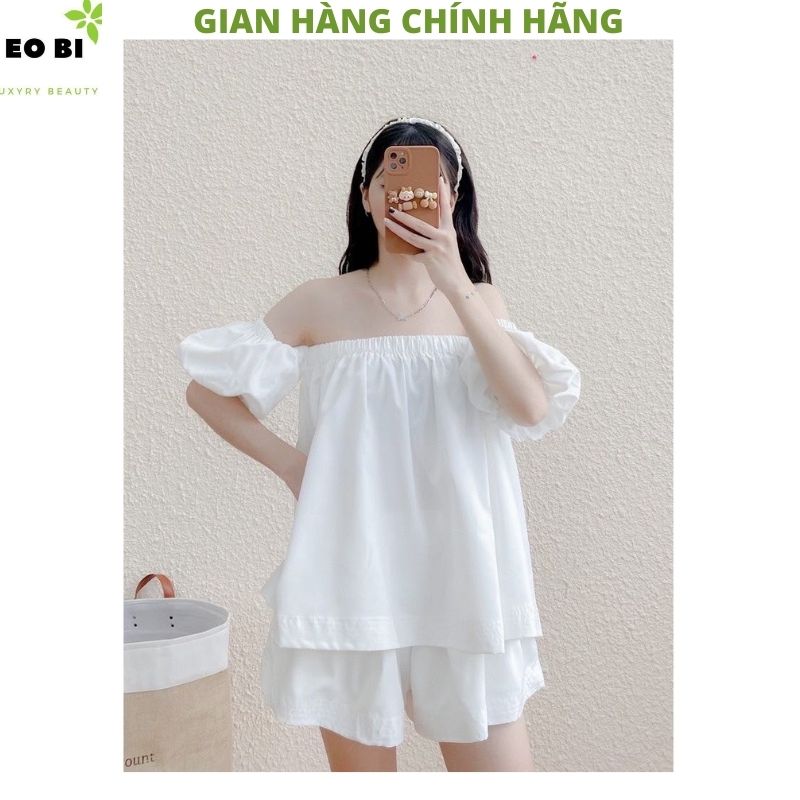 Sét áo trễ vai tay bồng kèm quần short cạp cao kiểu dáng hàn quốc ,áo babydoll trễ vai tay bồng tiểu thư bánh bèo dễ thương ,áo trễ vai ,quần short nữ -EOBI