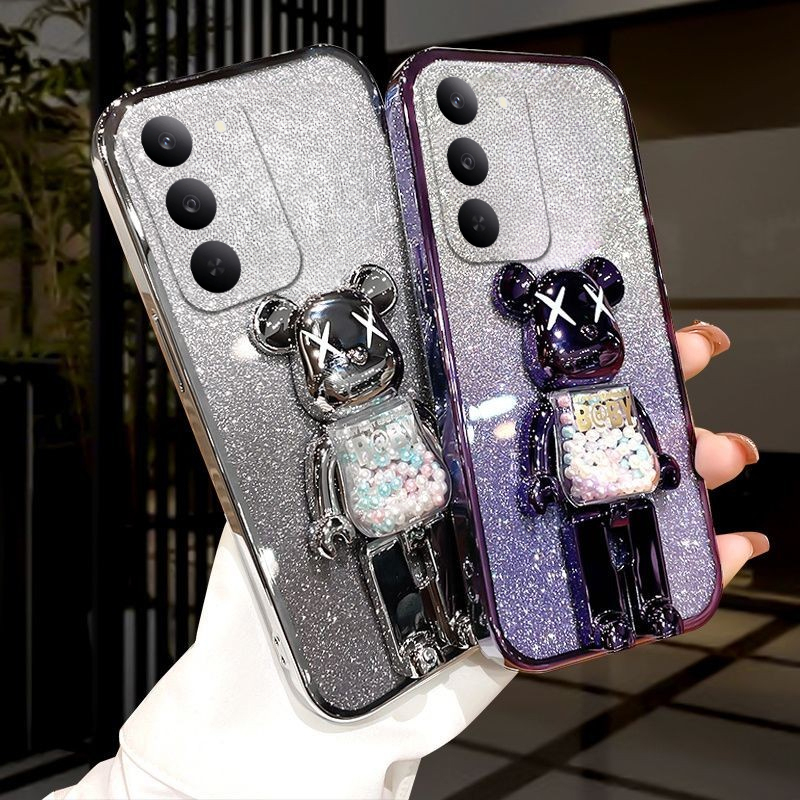 New Phone case Realme C71 C75 C75X Back cover with Cartoon 3D Bear Stand Luxury Slim Gradient Plating Glitter Girls Stylish For Realme C75 C75X C71 case.