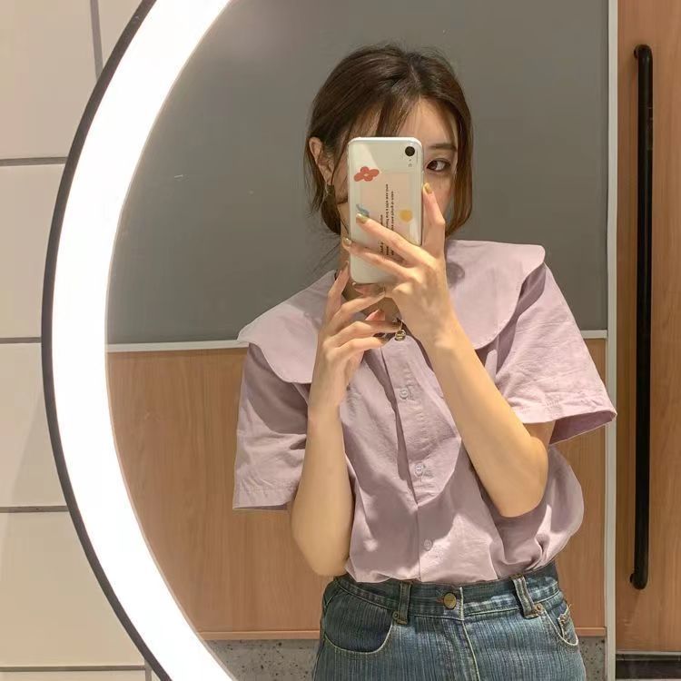 Áo sơ mi cổ lá sen, kiểu dáng mới nhất của mùa hè Hàn Quốc, áo sơ mi ngắn tay, phong cách phương Tây.