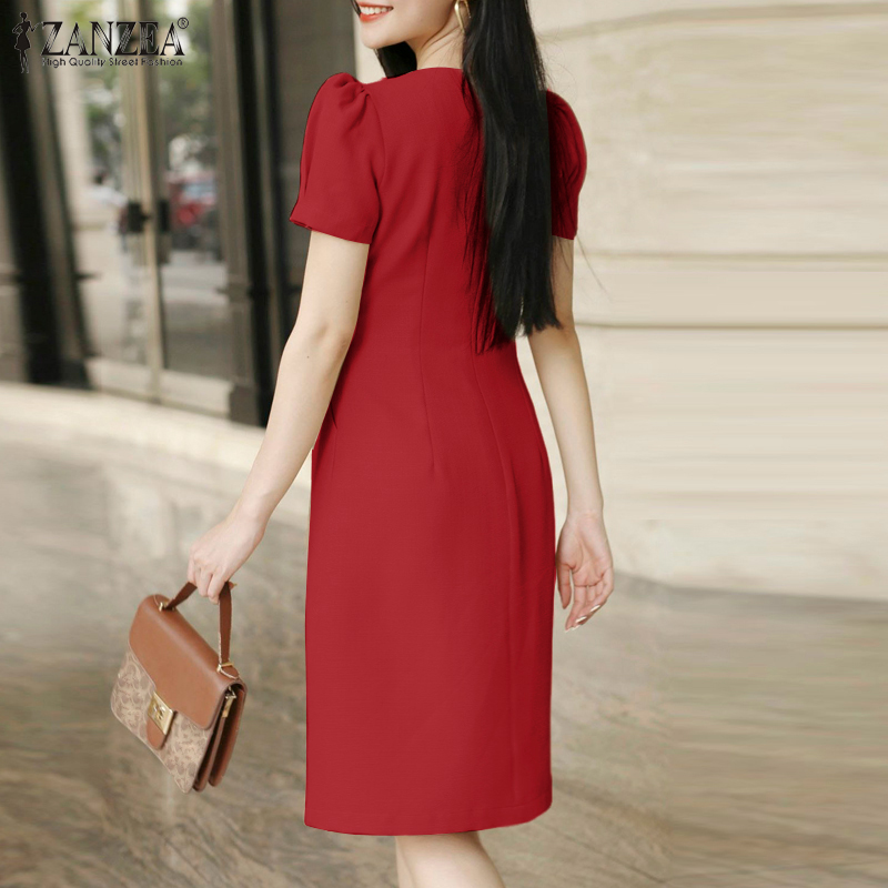 ZANZEA%20Korean%20Style%20Womens%20Elegant%20Party%20Puff%20Sleeve%20V-Neck%20Sundress%20Plain%20Mini%20Dresses%20Red%20Dress%20-%20Image%204