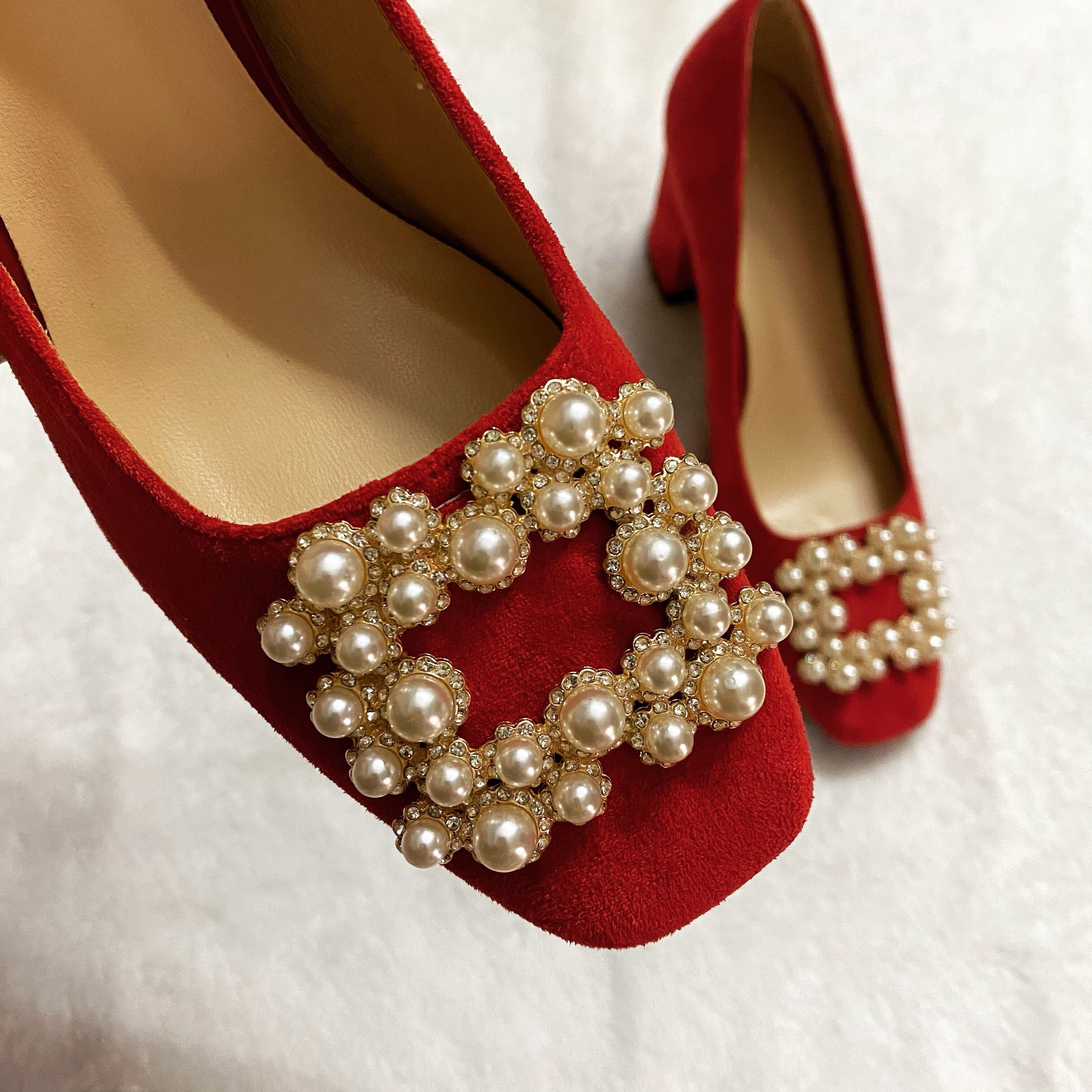 Giày Cưới Màu Đỏ Nữ 2020 Năm Mới Với Đầu Vuông Pha Lê Hiển Thị Giày Cao thumbnail