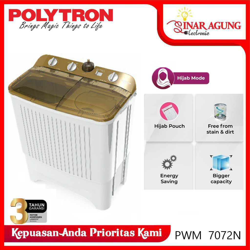 MESIN CUCI POLYTRON PWM7072N / PWM-7072N / PWM7072-COKLAT (2 TABUNG ...