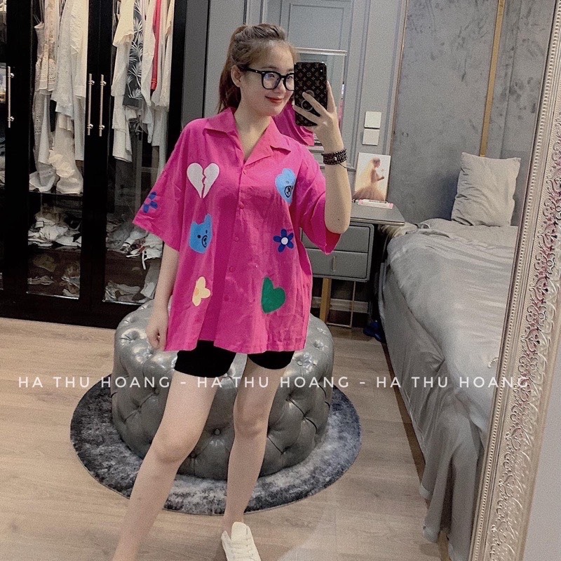Set Bộ Đồ Nữ Áo Sơ Mi Tim Phối Quần Legging Co Giãn