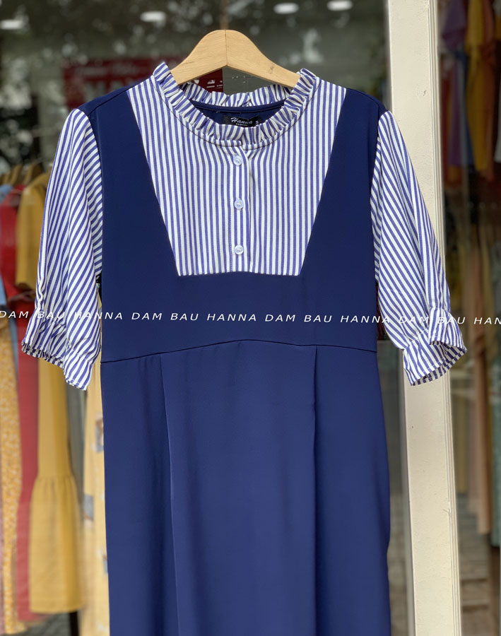 [SIZE 40-80KG] Đầm bầu công sở xanh đen phối trắng có size 40-80kg chất vải cao cấp thoáng mát mềm có túi bên sườn không nhăn đầm dài qua gối