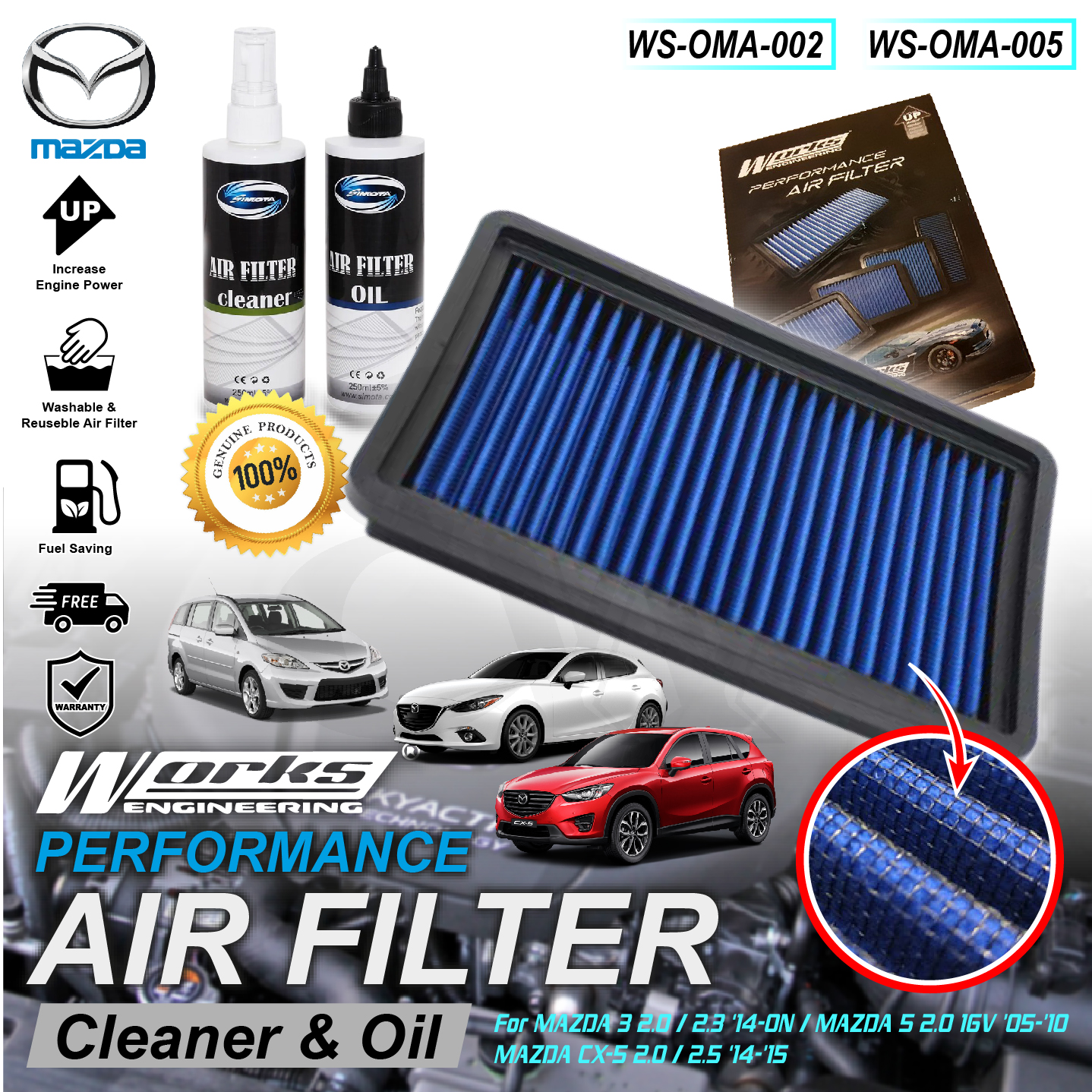 Works Engineering Drop In Air Filter MAZDA 2/3/5/6 1.3 1.5 1.6 2.0