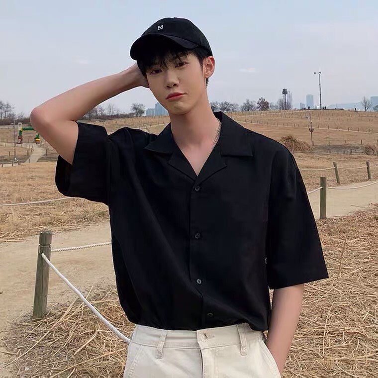 Áo Sơ Mi Tay Ngắn Màu Đen Áo Sơ Mi Lụa Không Nhăn Phong Cách Hàn Quốc I'm Basic