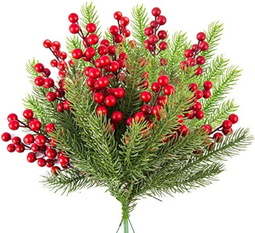 1/10 Pieces Artificial Pine Branches Christmas Holly Berries Artificial Red Berry Stems for Christmas Wreath Decorations Xmas Tree Decoration