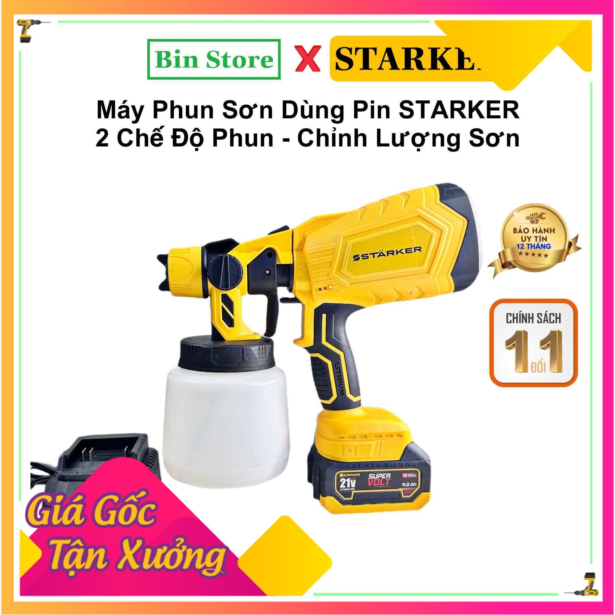 Máy Phun sơn dùng pin phổ thông Makita 4cm - Máy Phun Sơn Starker Chính Hãng - 2 chế độ phun