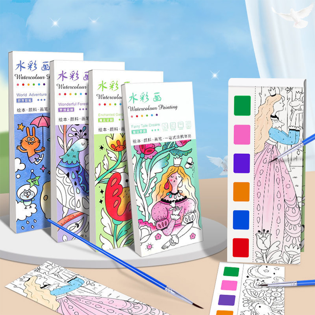 SF Portable Watercolor Painting Book 12 Sheets Coloring Book With Paint Brush Gouache Book Kids Graffiti Picture Drawing Stationery