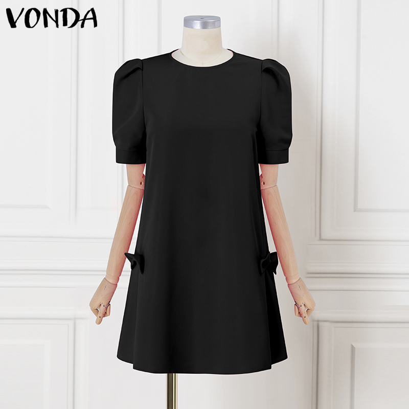 VONDA%20Women's%20Girly%20Style%20Short%20Sleeve%20A-Line%20Dresses%20Bowknot%20Crew%20Neck%20Mini%20Dress%20(Korean%20Floral)%20#4%20-%20Image%204