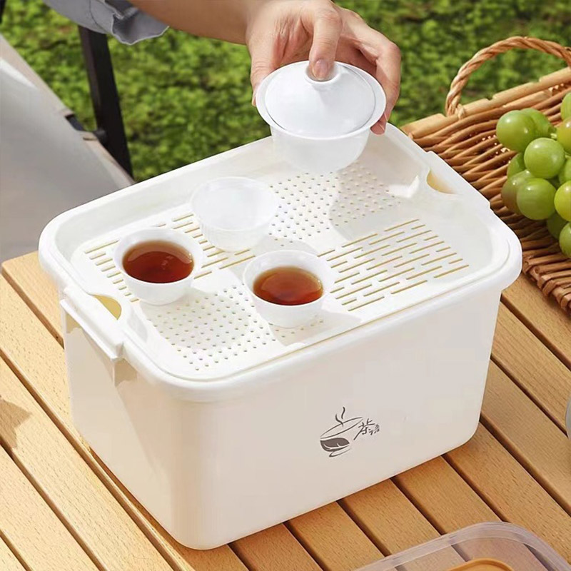 KS Tea Set Tea Storage Box Drainage Dustproof Storage Box Portable Outdoor Multi-Function Storage Box (Tea Set Not Included)