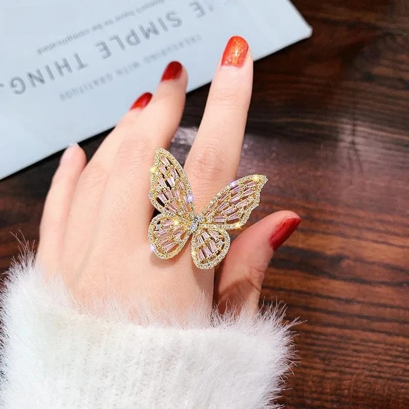 Indispensable -Trendy Shining Butterfly Adjustable Opening Ring For Women Crystal Acrylic Inlay Fashion Party Hand Accessories Jewelry- Innovative