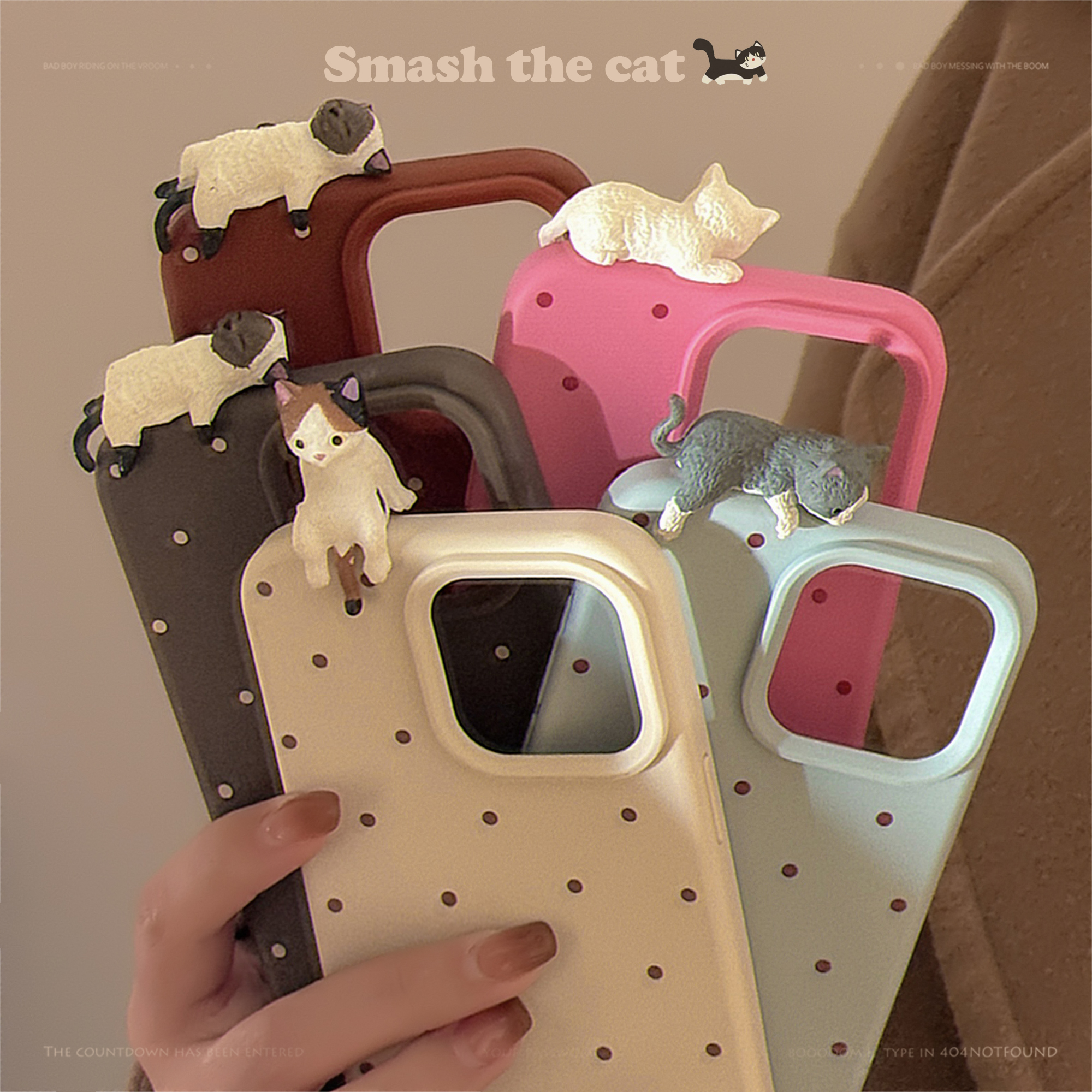 Sroof Case For iPhone 12 13 14 15 16 Pro Max New glutinous rice cute polka dots three-dimensional plopping cat Phone Case Back Cover