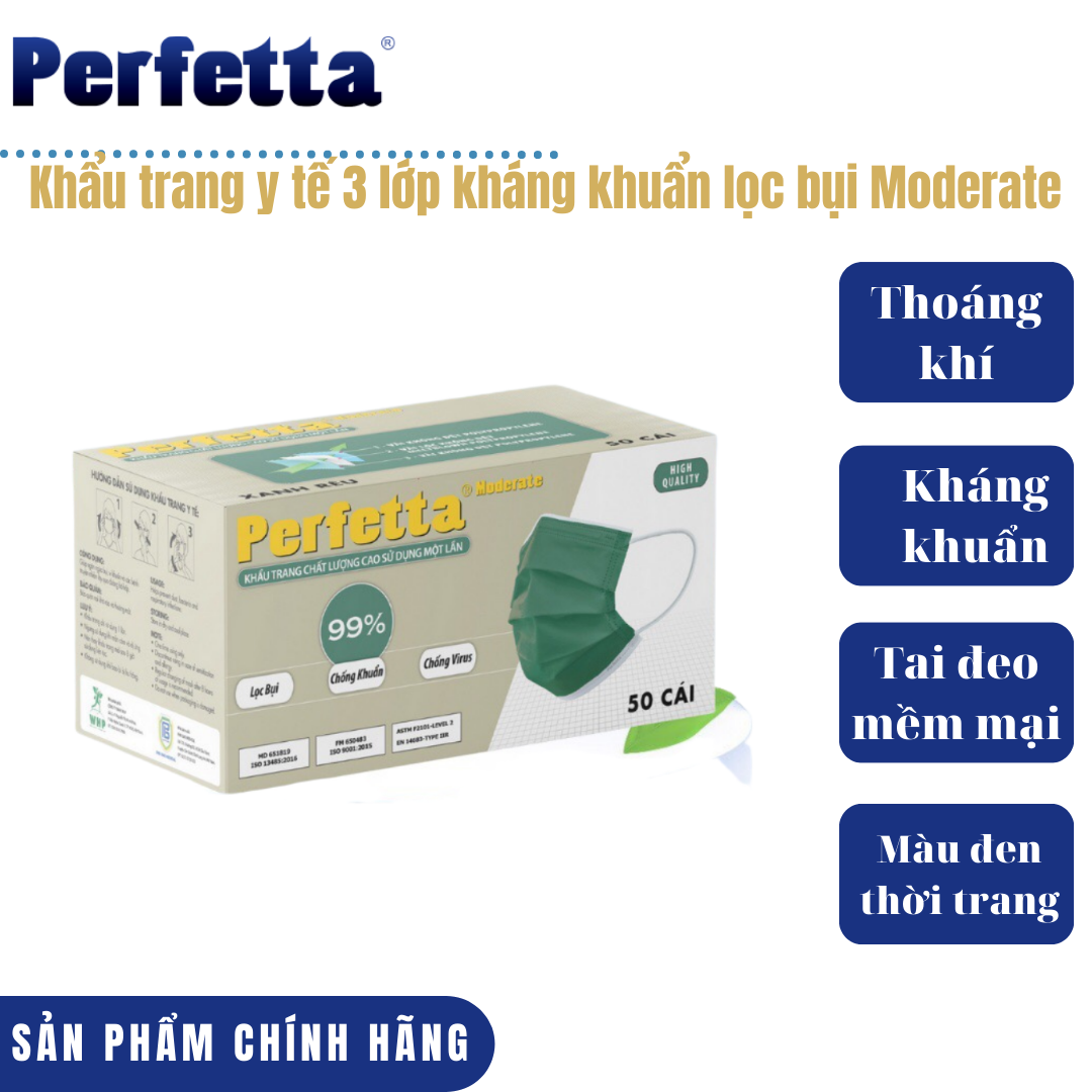 Khẩu trang y tế 3 lớp Perfetta Moderate trắng/xanh (50 cái/hộp)