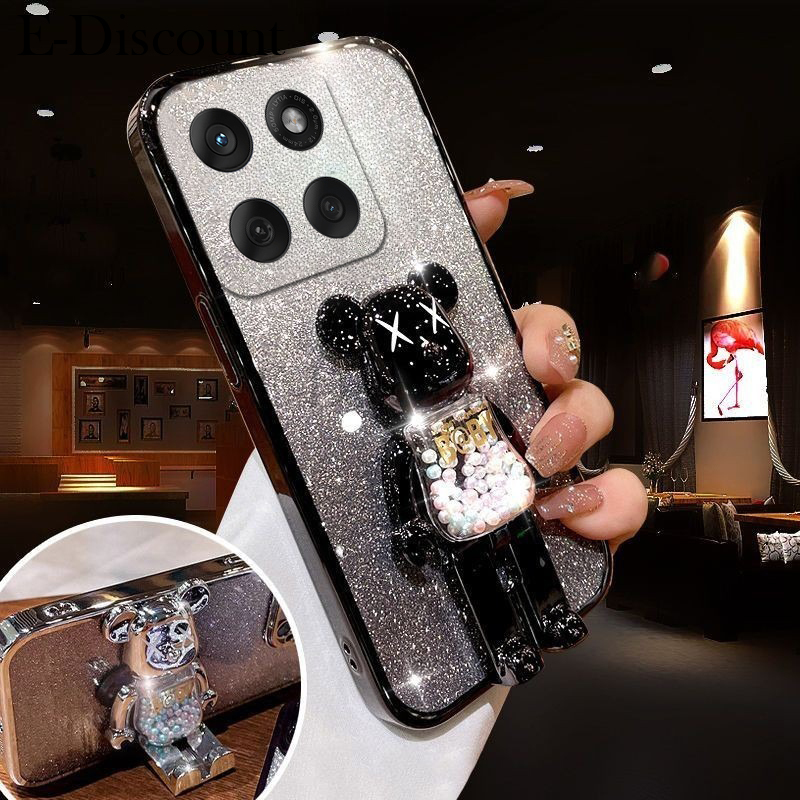 New Phone case Moto Edge 60 Fusion Back cover with Cartoon 3D Bear Stand Luxury Slim Gradient Plating Glitter Girls Stylish For Motorola Moto Edge60 Fusion case. 