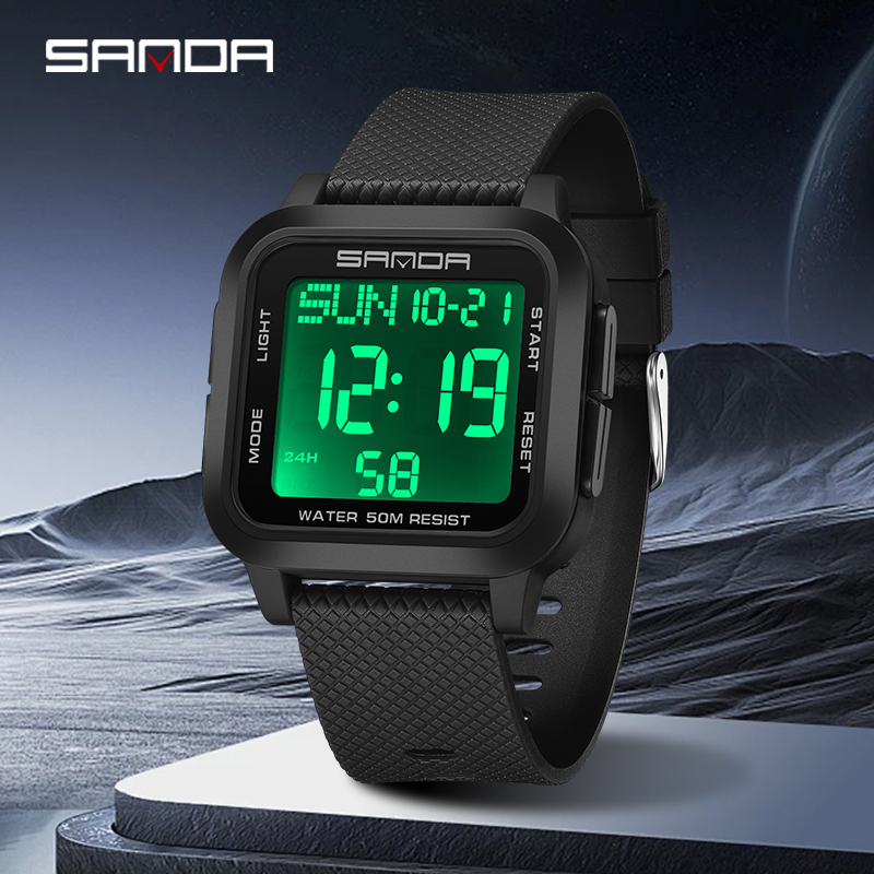 Sanda Square Solid Color Watch Retro Trendy Night Light Waterproof Electronic Men's Watch SD2194-4.