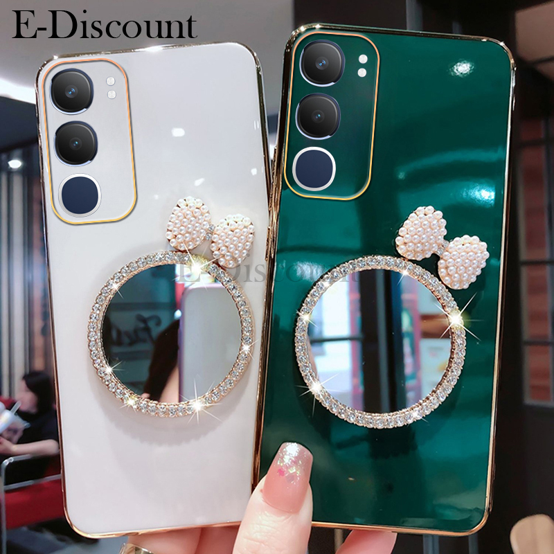 New Phone case Vivo Y29 Back cover with Bow Makeup Mirror Luxury Shiny Gradient Clear Soft 6D Plating Girls Slim for VIVO Y29 5G case