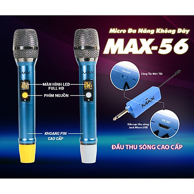 (BẢN NÂNG CẤP) Bộ 2 Micro Không Dây Đa Năng MAX 56 Thế Hệ Mới - Nâng Cấp Từ Max 39, Hát Nhạy, Chống Hú Rít, Thiết Kế Hiện Đại - Tích Hợp Cổng Sạc Và Sạc Pin Ngay Trên Mic, Pin Sạc Dung Lượng Lớn 2500mAh, Hát Hay Không Lo Hết Pin- Phù hợp mọi thiết bị