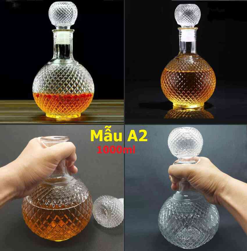 Glass wine bottle 1000ML – Ground shape - Diamond Cut design – combo 2 bottles - A2 pattern