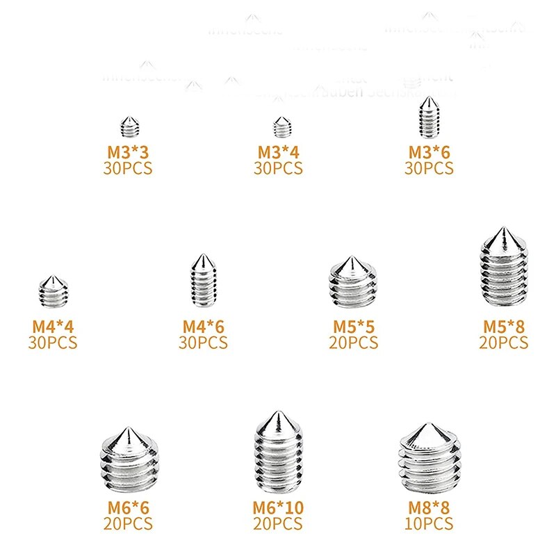 ELECTRAPICK 240Pcs Hex Hexagon Socket Set Screw Cone Point Grub Screw Tapered End Headless Bolt M3 M4 M5 M6 M8