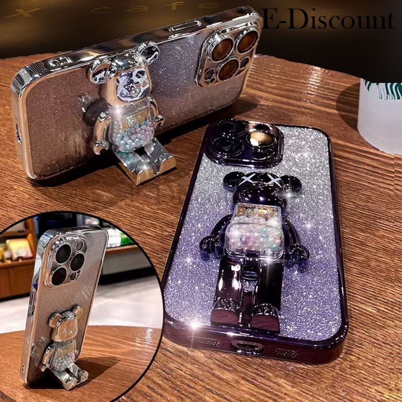 New Phone case Redmi 14C Back cover with Cartoon 3D Bear Stand Luxury Slim Gradient Plating Glitter Girls Stylish For Xiaomi Redmi 14C case. 