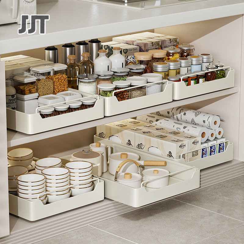 JJT [Miễn Phí Vận Chuyển]Ngăn kéo lưu trữ Hộp kệ không đục lỗ nhà bếp vẽ loại kênh nước kéo giỏ Tủ lưu trữ nhà bếp Giỏ Bộ đồ ăn lưu trữ tủ