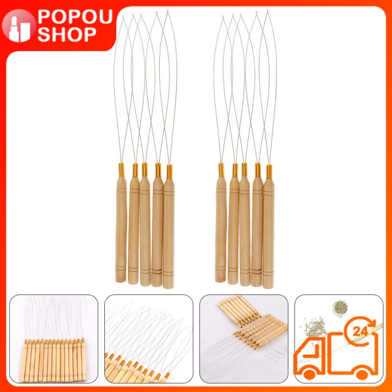 POPOUSHOP 10 Pcs Wooden Handle Wig Crochet Braiding Tool Hair Tools Weaving Kit Extension Beads Beard Holder Steel Ring Metal