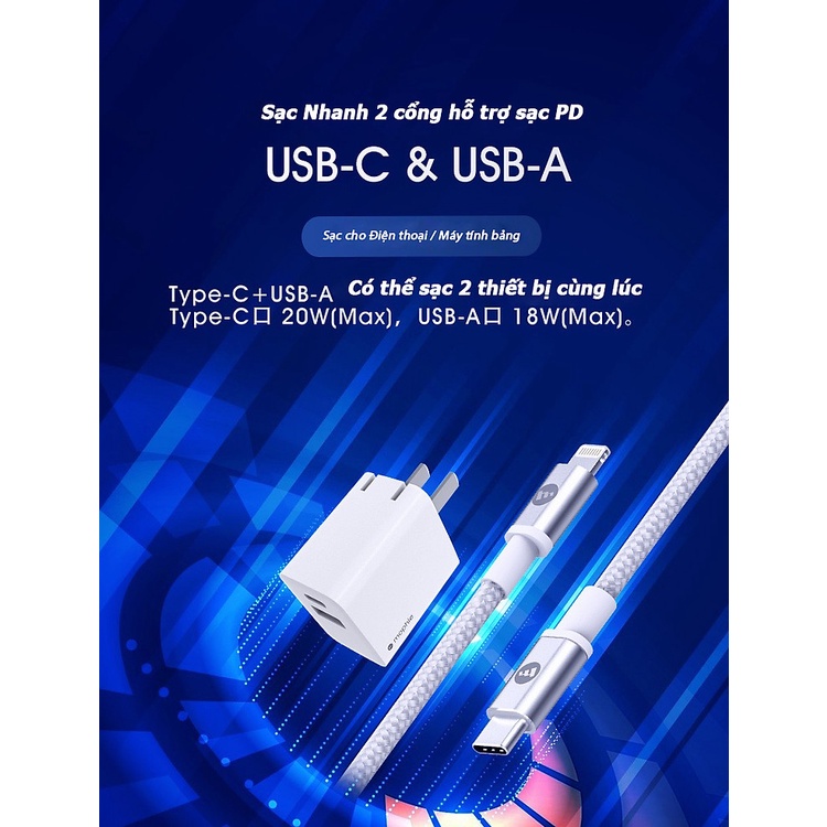 Củ sạc nhanh Mophie 2 cổng Type C+ USB AWall Adapter PD 20W