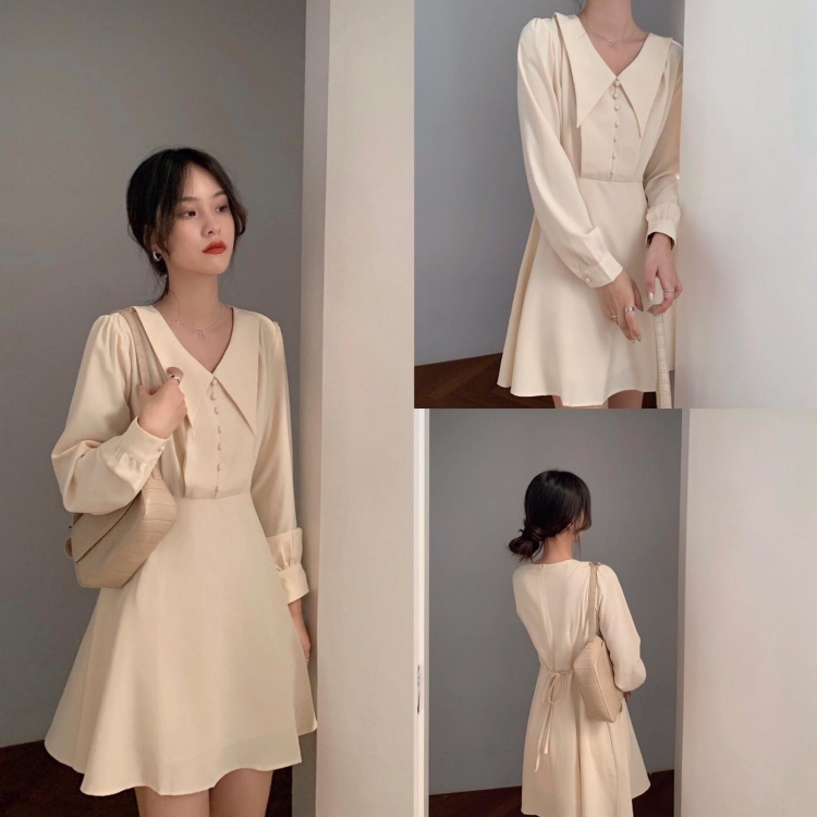 Minz Dress - Đầm tay dài cổ V nút bọc