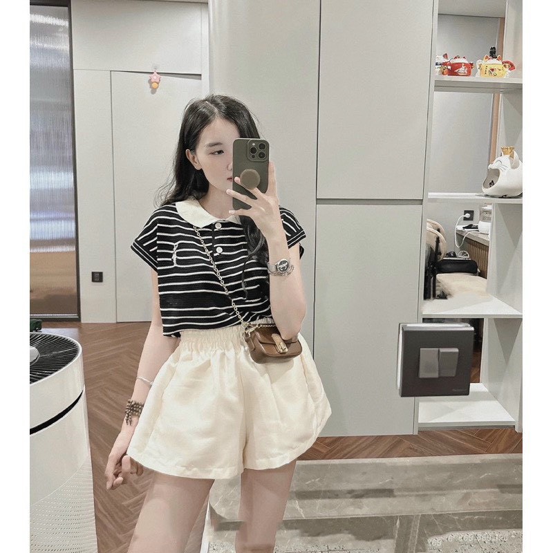 Áo len kẻ cộc tay cổ bèo hình thỏ