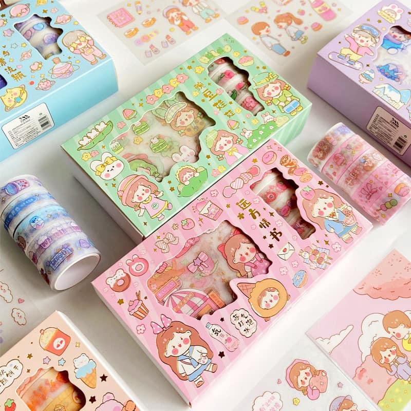 Hộp 5 cuộn washi và sticker dán trang trí