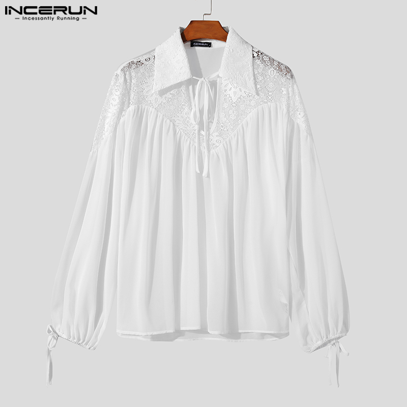 Mens Short Sleeve See Through Lace Stitching Shirts Casual Party Mesh  Blouse Top