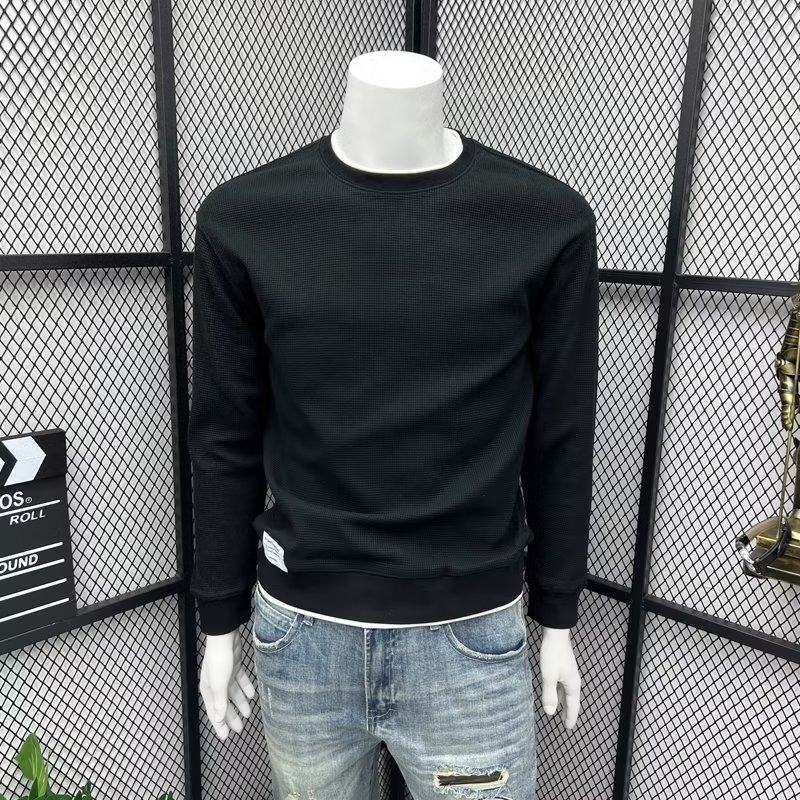 TIDE BEAR Men's Solid Color Round Neck Waffle Sweatshirt Long sleeve round neck simple thin base sweatshirt