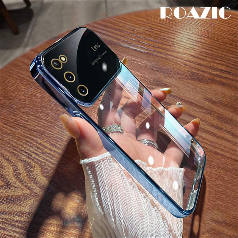 Roazic with lens film case for samsung galaxy s20/s20 plus/s20+ electroplated phone casing large view transparent soft tpu shockproof ultra-thin back cover c01-2