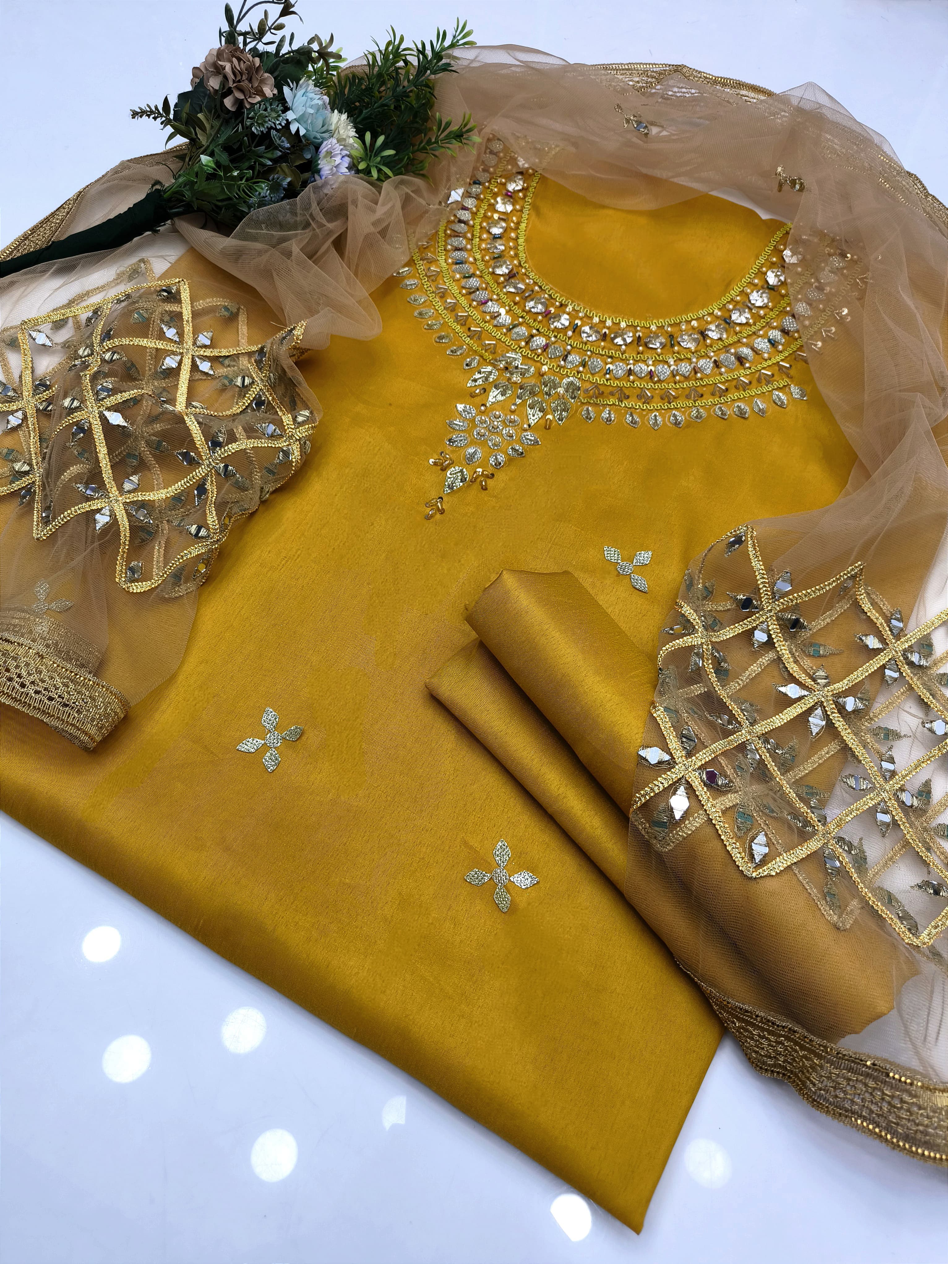 Wedding Dresses for Women - Daraz -  Wedding Collection - Party Wear - Bridal - Handmade Work - Gotta Mooti and Kundan Work Shirt - Net Mirror Bunch Work With 4 Sided Gotta Lace Border Dupatta - Ashrafi Ashrafi - Customized. 