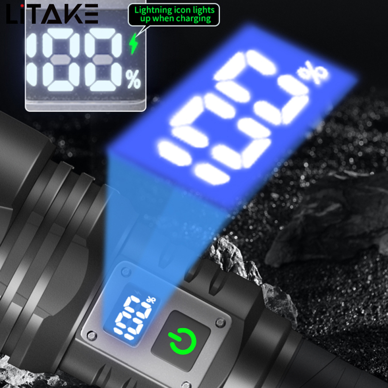 60W XHP360 Powerful Handheld Flashlights Digital Power Display IPX4 Waterproof Strong Light Long Range Outdoor Camping Flash Light Torch