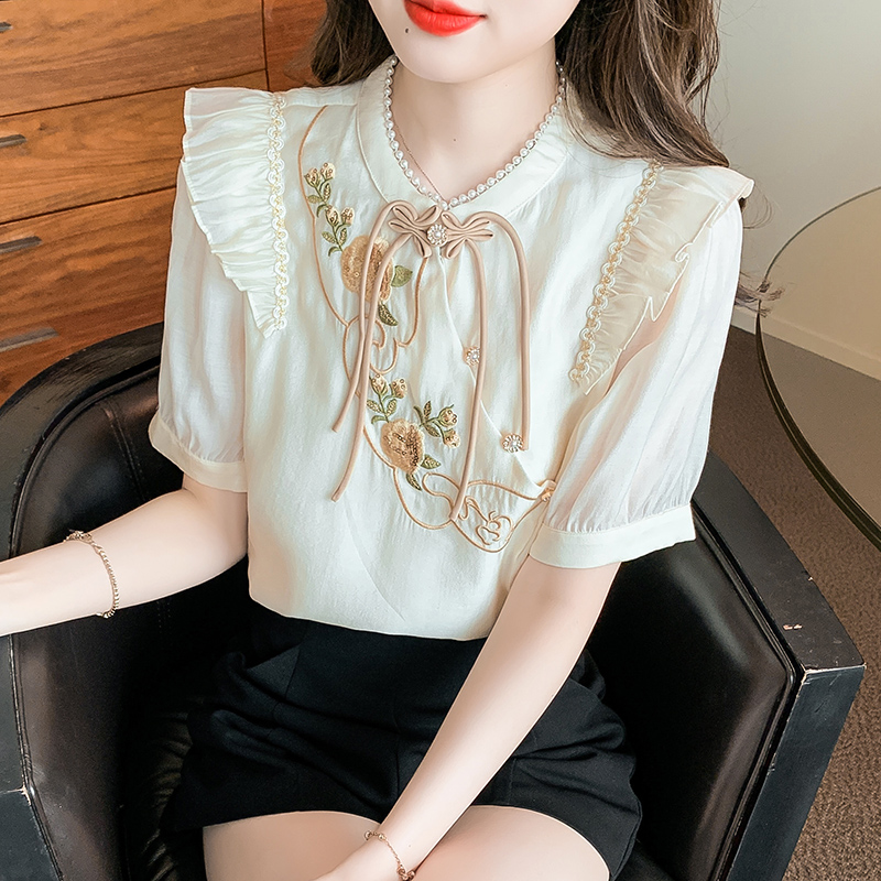2023 Summer New Embroidered Buckle Chiffon Short-sleeved Flounce Fashion Beautiful Top