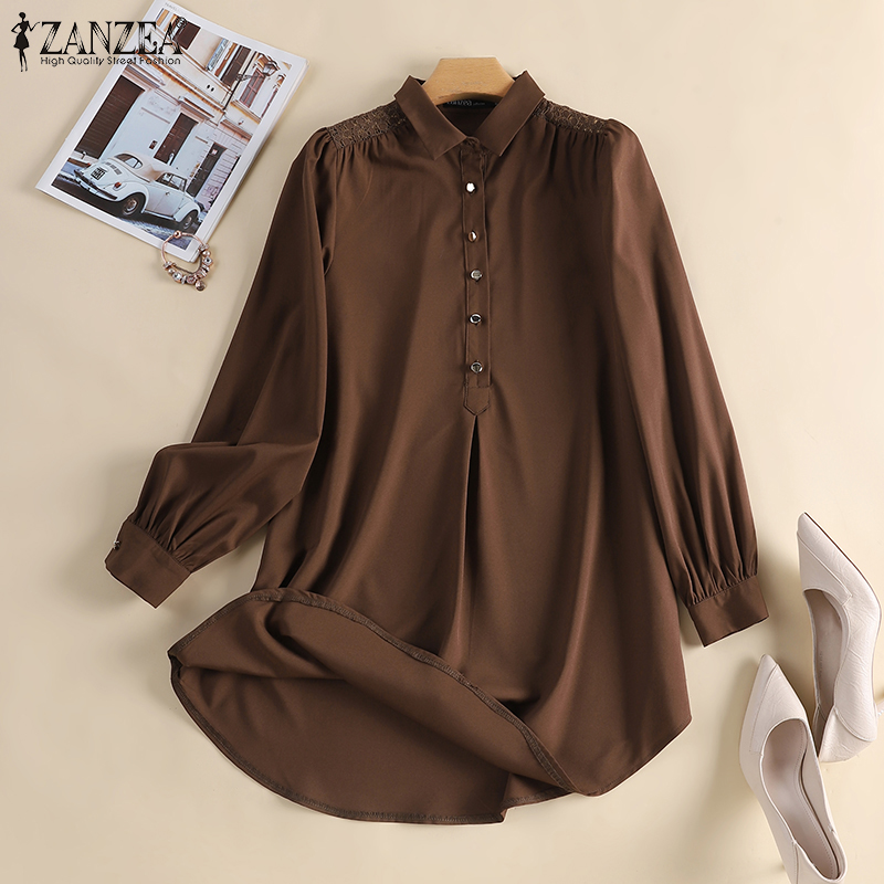 ZANZEA Women Casual Loose Button Up Shirt Solid Loose Side Slit