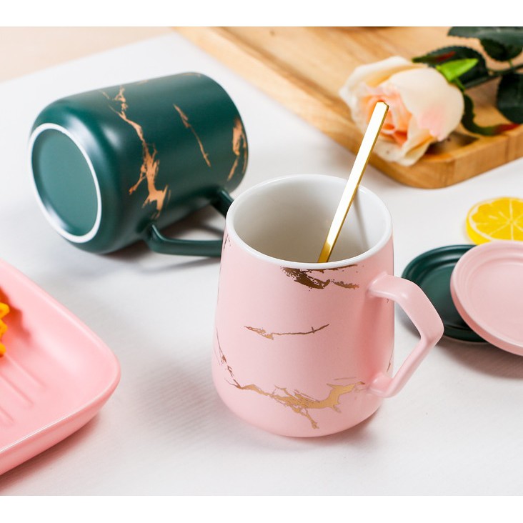Cốc Sứ Xanh Pha Trà Cà Phê (cafe) Tặng Kèm Nắp Đậy Và Thìa